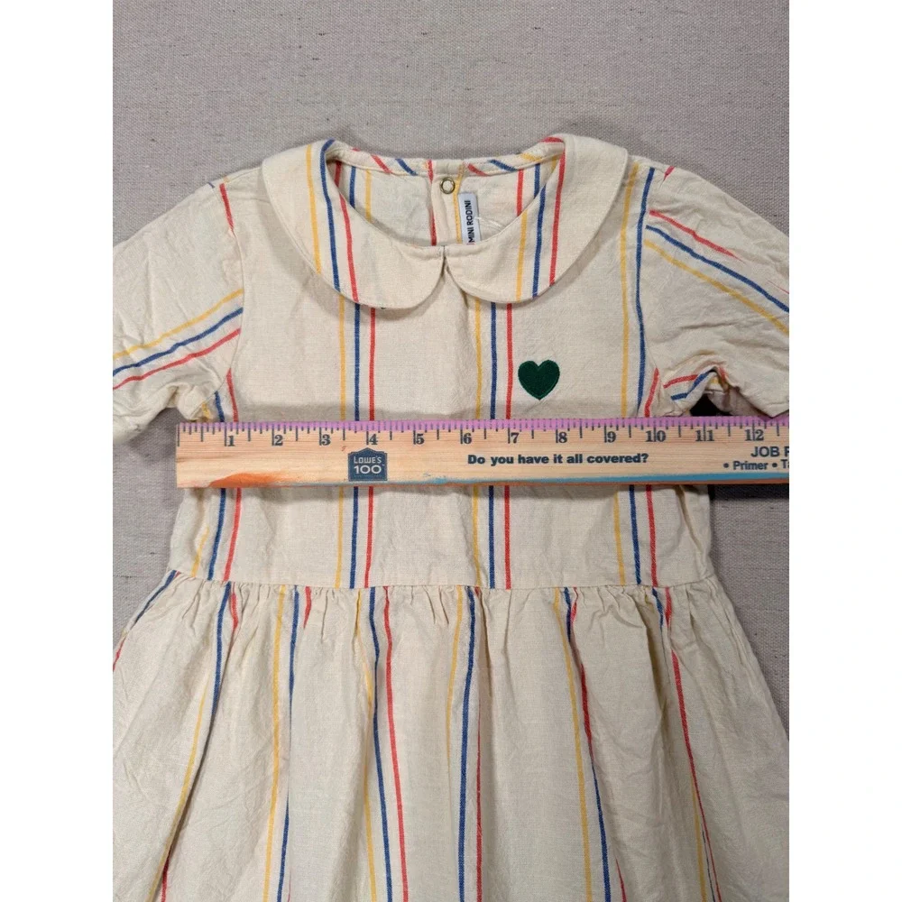 Mini Rodini Girls Striped Peter Pan Collar Dress Cream Red Blue Heart 3-5 Years